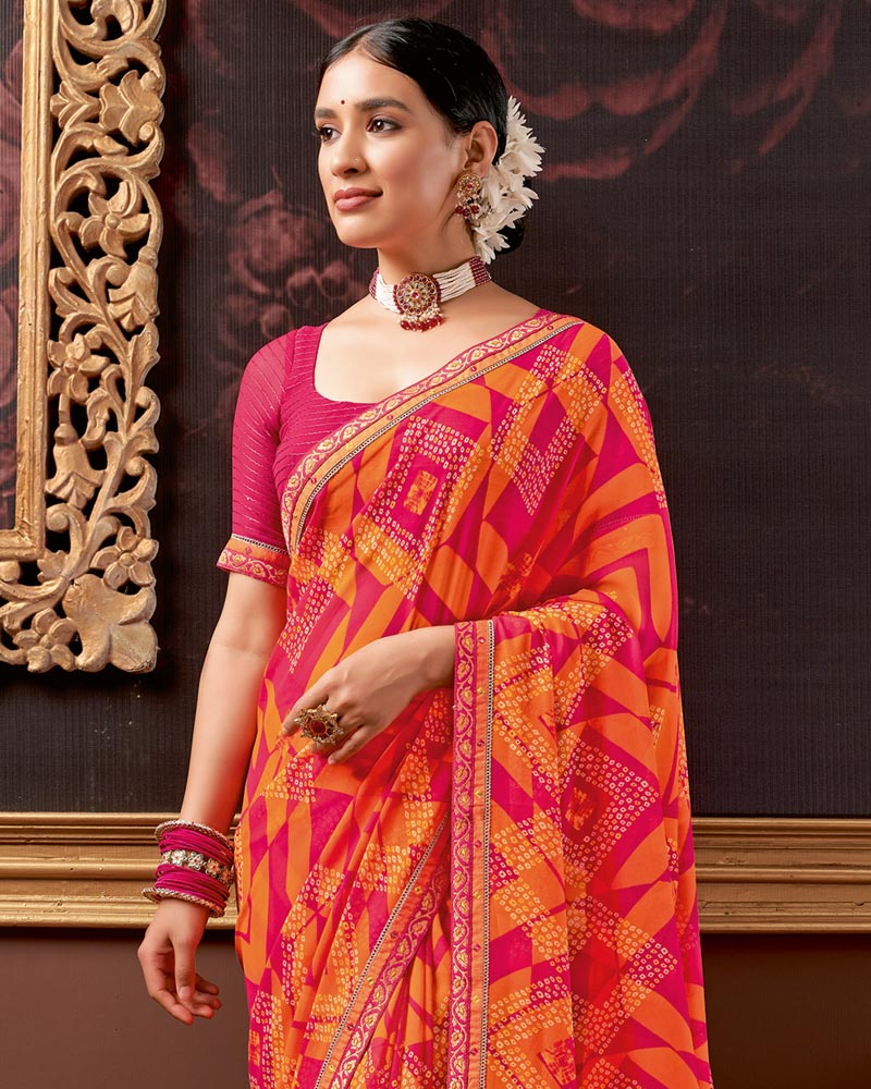 Vishal Prints Dark Pink Printed Georgette Saree With Fancy Border
