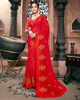 Vishal Prints Dark Red Chiffon Saree With Embroidery Work And Zari Border