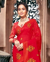Vishal Prints Dark Red Chiffon Saree With Embroidery Work And Zari Border