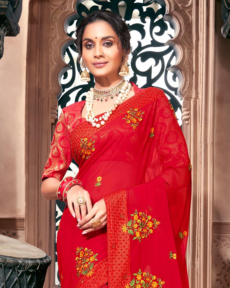 Vishal Prints Dark Red Chiffon Saree With Embroidery Work And Zari Border