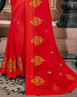 Vishal Prints Dark Red Chiffon Saree With Embroidery Work And Zari Border