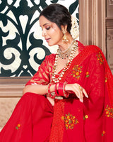 Vishal Prints Dark Red Chiffon Saree With Embroidery Work And Zari Border