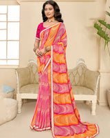 Vishal Prints Pumpkin Orange And Raspberry Pink Printed Chiffon Saree With Fancy Border