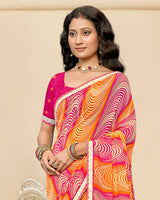 Vishal Prints Pumpkin Orange And Raspberry Pink Printed Chiffon Saree With Fancy Border