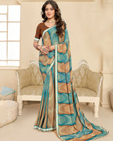 Vishal Prints Deep Sea Blue And Cocoa Brown Printed Chiffon Saree With Fancy Border