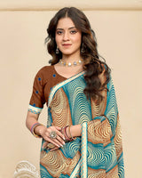 Vishal Prints Deep Sea Blue And Cocoa Brown Printed Chiffon Saree With Fancy Border