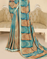 Vishal Prints Deep Sea Blue And Cocoa Brown Printed Chiffon Saree With Fancy Border