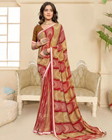 Vishal Prints Crimson Red And Cocoa Brown Printed Chiffon Saree With Fancy Border