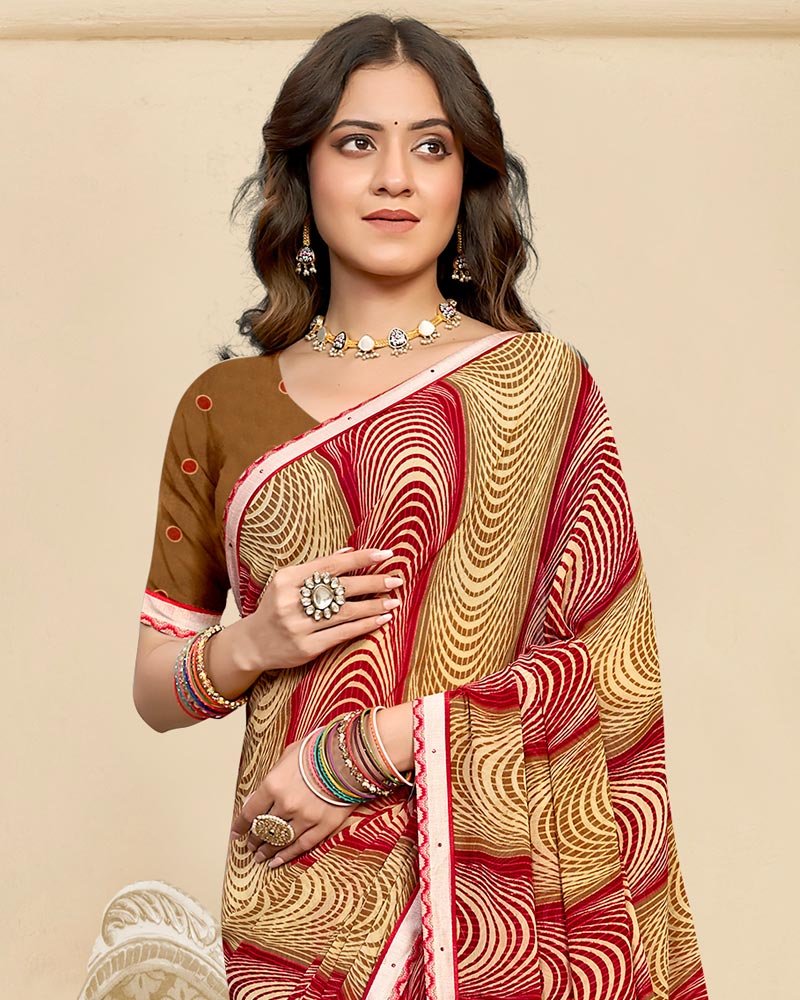 Vishal Prints Crimson Red And Cocoa Brown Printed Chiffon Saree With Fancy Border