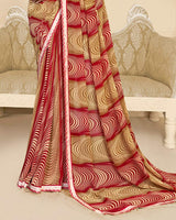 Vishal Prints Crimson Red And Cocoa Brown Printed Chiffon Saree With Fancy Border