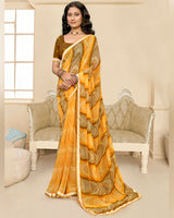 Vishal Prints Sunshade Yellow And Cocoa Brown Printed Chiffon Saree With Fancy Border