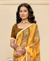 Vishal Prints Sunshade Yellow And Cocoa Brown Printed Chiffon Saree With Fancy Border
