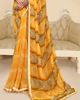 Vishal Prints Sunshade Yellow And Cocoa Brown Printed Chiffon Saree With Fancy Border