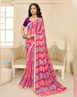 Vishal Prints Cerise Pink And Dark Fuchsia Printed Chiffon Saree With Fancy Border