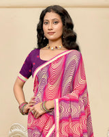 Vishal Prints Cerise Pink And Dark Fuchsia Printed Chiffon Saree With Fancy Border