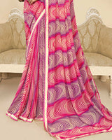 Vishal Prints Cerise Pink And Dark Fuchsia Printed Chiffon Saree With Fancy Border