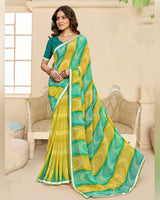 Vishal Prints Sea Green And Muddy Yellow Printed Chiffon Saree With Fancy Border