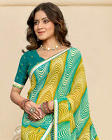 Vishal Prints Sea Green And Muddy Yellow Printed Chiffon Saree With Fancy Border