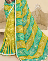 Vishal Prints Sea Green And Muddy Yellow Printed Chiffon Saree With Fancy Border