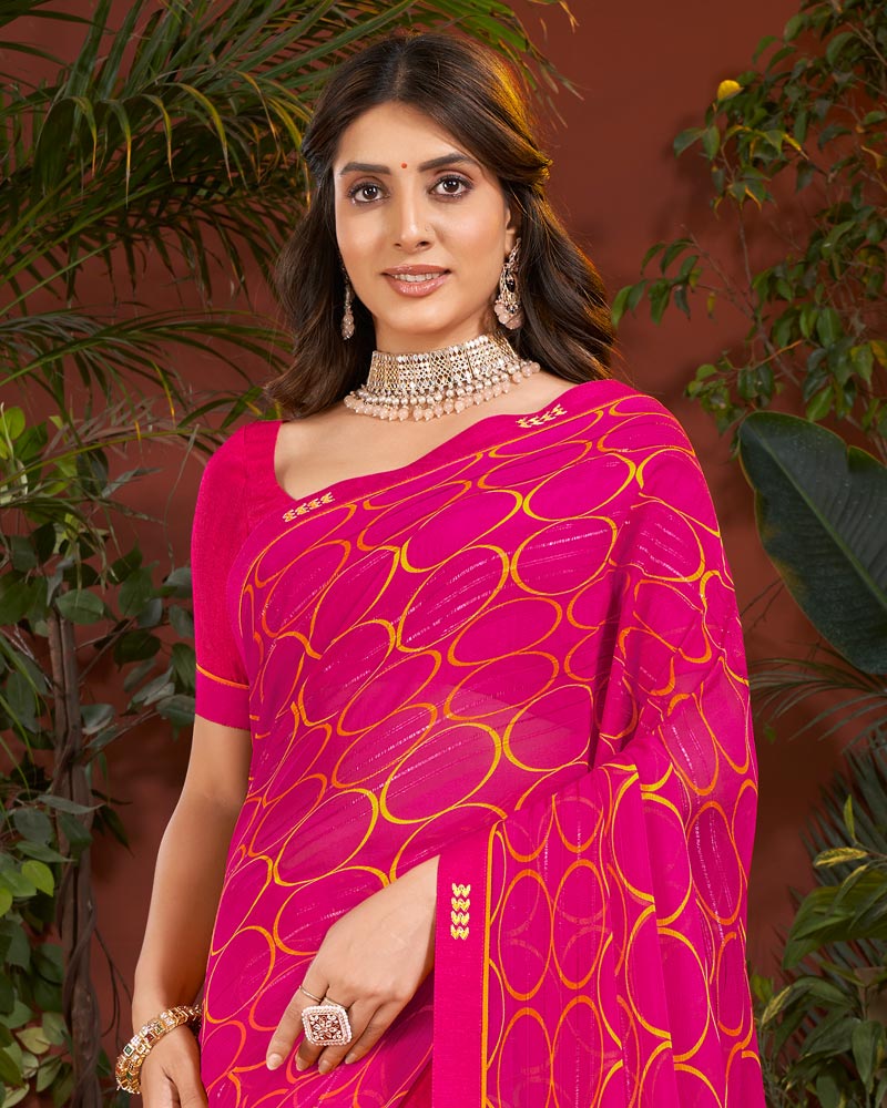 Vishal Prints Red Pink Printed Patterned Georgette Saree With Fancy Border