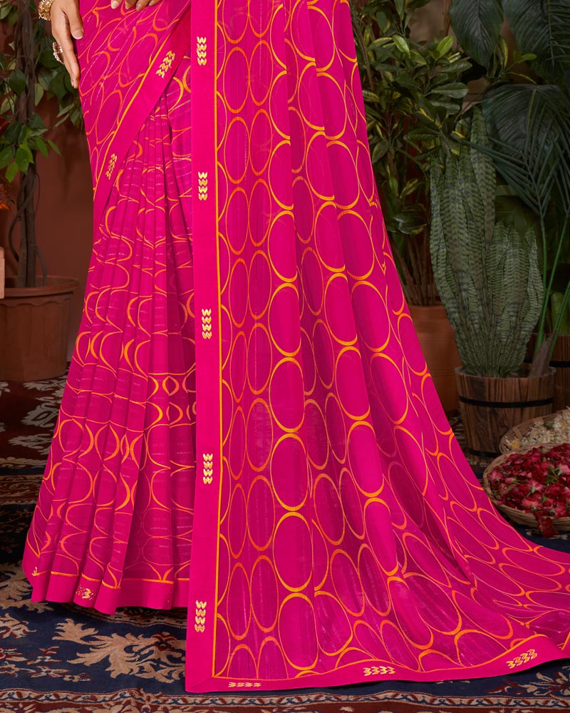 Vishal Prints Red Pink Printed Patterned Georgette Saree With Fancy Border