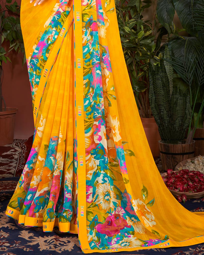 Vishal Prints Tangerine Orange Printed Patterned Georgette Saree With Fancy Border
