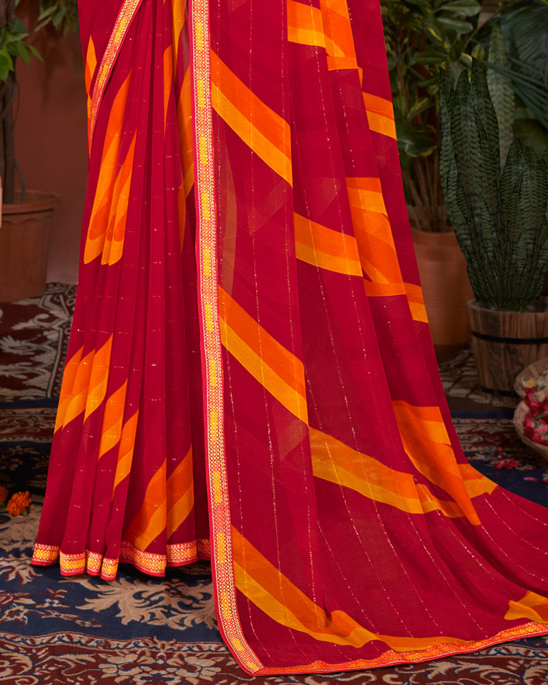Vishal Prints Dark Red Printed Patterned Georgette Saree With Fancy Border