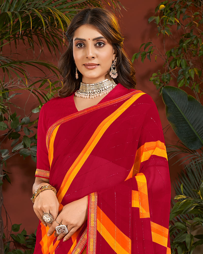 Vishal Prints Dark Red Printed Patterned Georgette Saree With Fancy Border