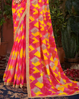 Vishal Prints Red Pink Printed Patterned Georgette Saree With Fancy Border
