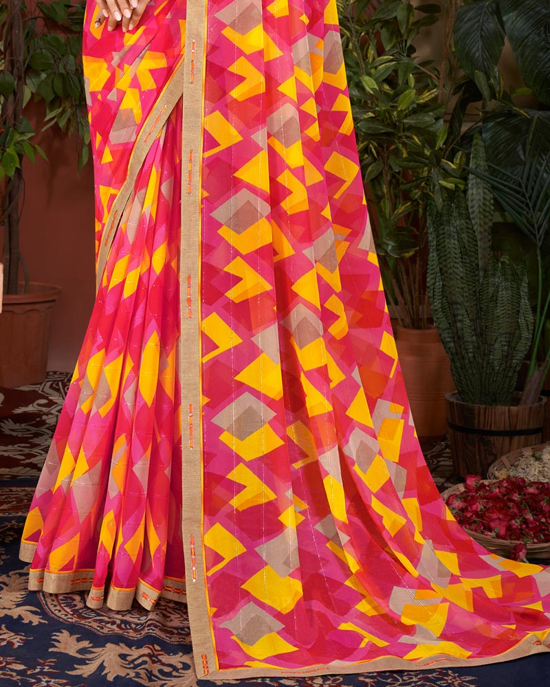Vishal Prints Red Pink Printed Patterned Georgette Saree With Fancy Border