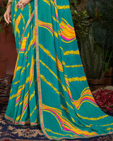 Vishal Prints Teal Green Printed Patterned Georgette Saree With Fancy Border