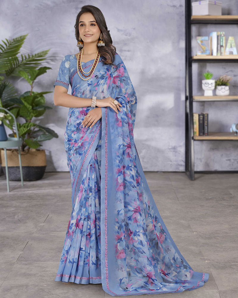 Vishal Prints Pastel Blue Digital Print Georgette Saree With Fancy Border