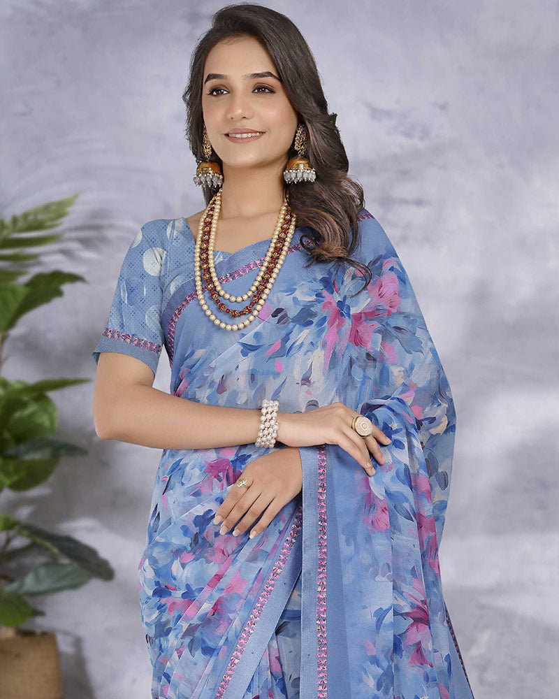 Vishal Prints Pastel Blue Digital Print Georgette Saree With Fancy Border