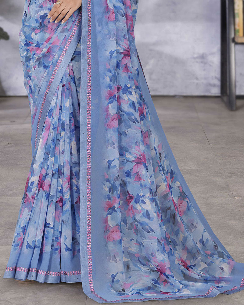 Vishal Prints Pastel Blue Digital Print Georgette Saree With Fancy Border