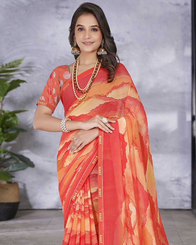 Vishal Prints Red Digital Print Georgette Saree With Fancy Border