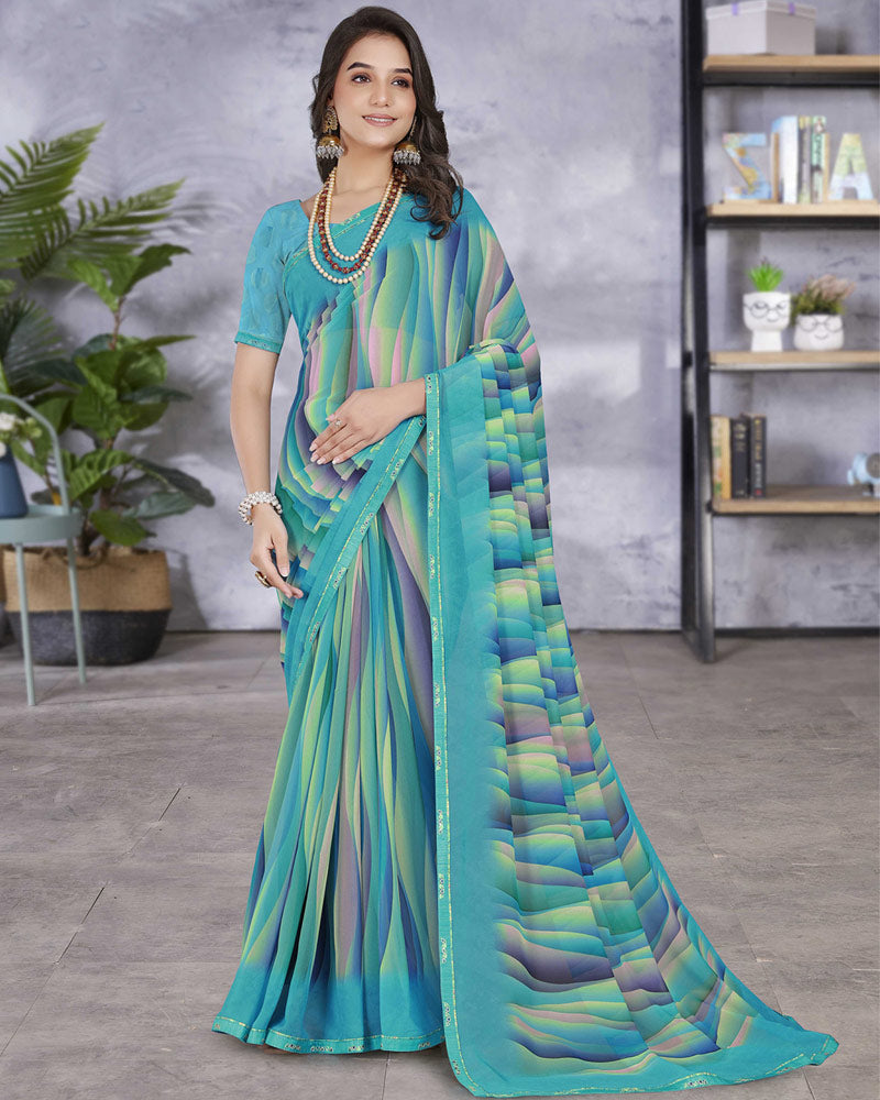 Vishal Prints Dark Turquoise Blue Digital Print Georgette Saree With Fancy Border