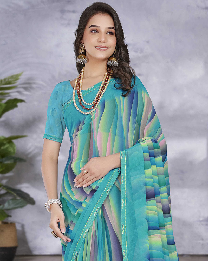 Vishal Prints Dark Turquoise Blue Digital Print Georgette Saree With Fancy Border