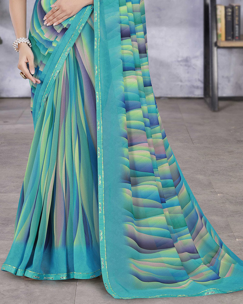 Vishal Prints Dark Turquoise Blue Digital Print Georgette Saree With Fancy Border