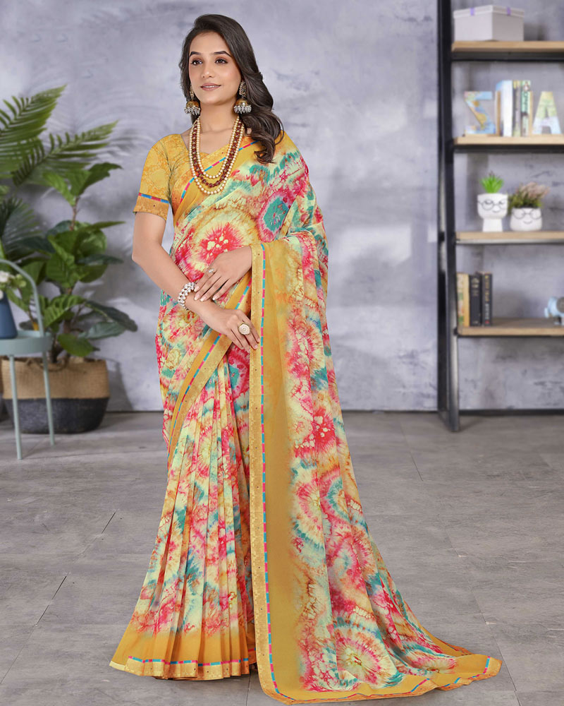 Vishal Prints Mustard Digital Print Georgette Saree With Fancy Border