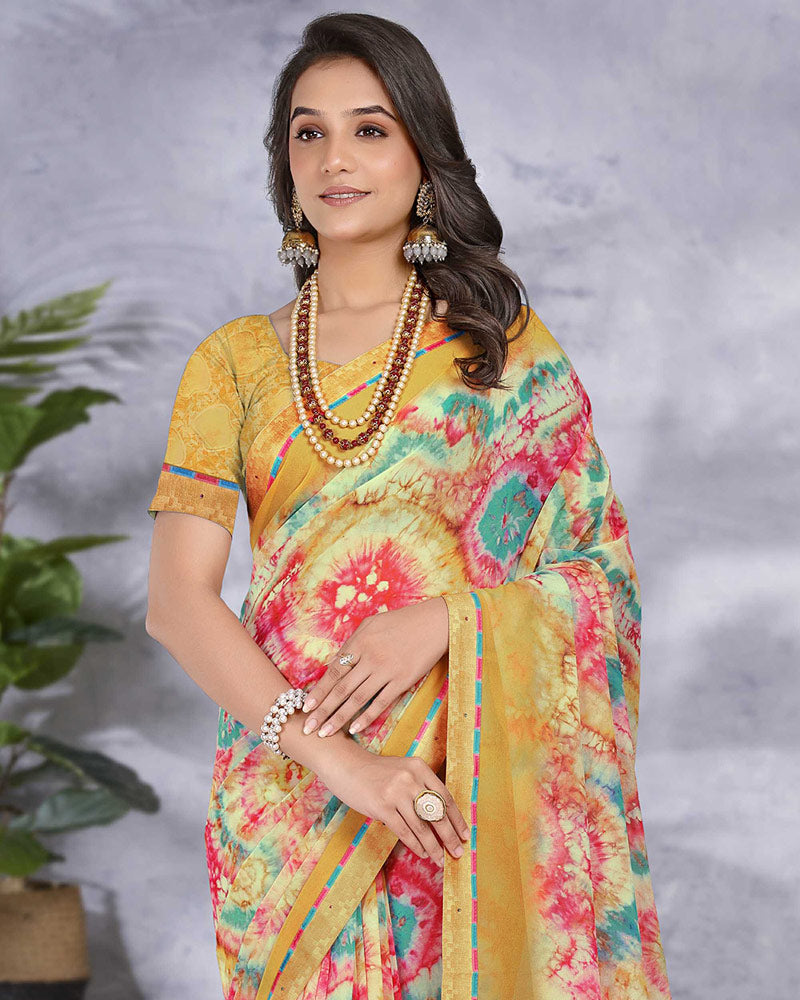 Vishal Prints Mustard Digital Print Georgette Saree With Fancy Border