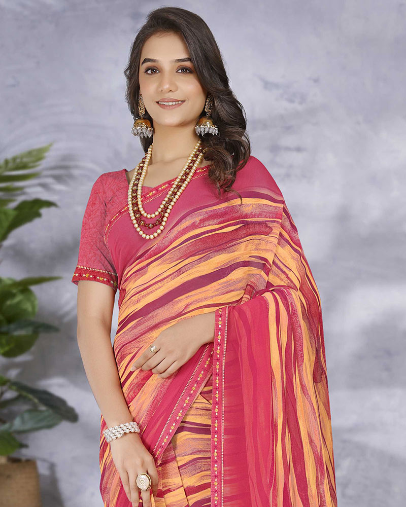 Vishal Prints Cherry Pink Digital Print Georgette Saree With Fancy Border