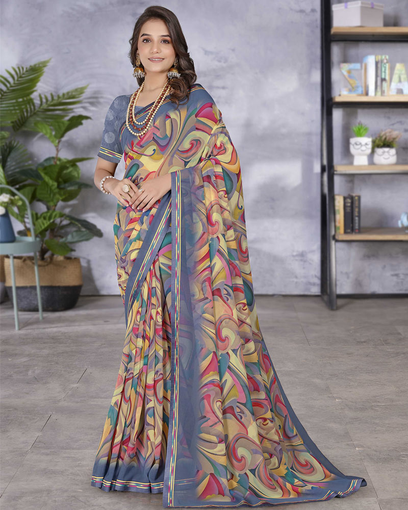 Vishal Prints Pastel Blue Digital Print Georgette Saree With Fancy Border