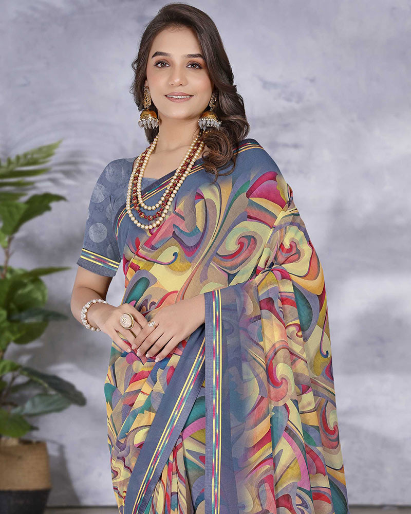 Vishal Prints Pastel Blue Digital Print Georgette Saree With Fancy Border