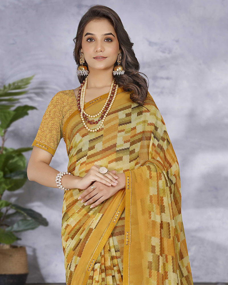 Vishal Prints Mustard Digital Print Georgette Saree With Fancy Border