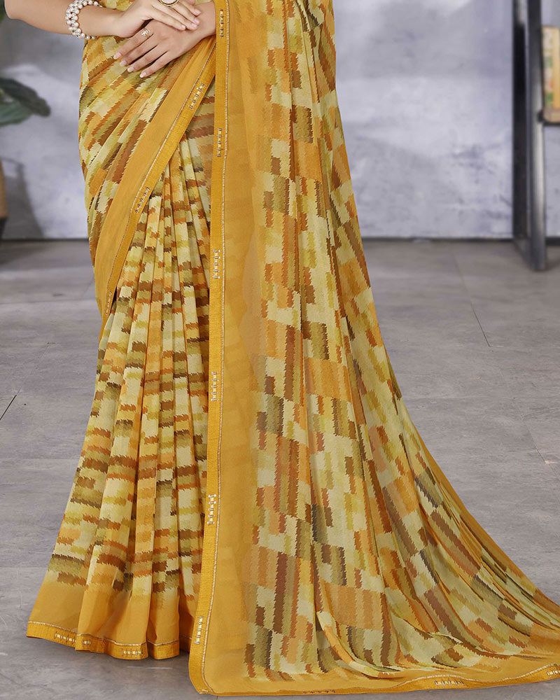 Vishal Prints Mustard Digital Print Georgette Saree With Fancy Border
