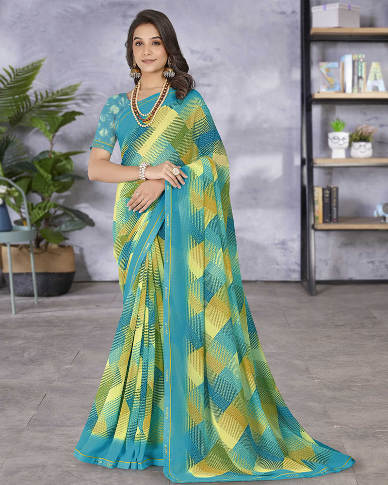 Vishal Prints Dark Turquoise Blue Digital Print Georgette Saree With Fancy Border