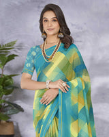 Vishal Prints Dark Turquoise Blue Digital Print Georgette Saree With Fancy Border