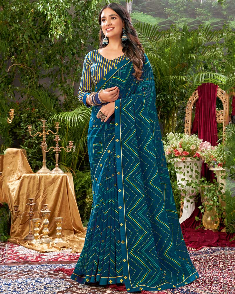 Vishal Prints Dark Teal Blue Bandhani Print Georgette Saree With Fancy Border