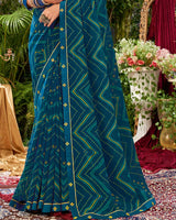 Vishal Prints Dark Teal Blue Bandhani Print Georgette Saree With Fancy Border