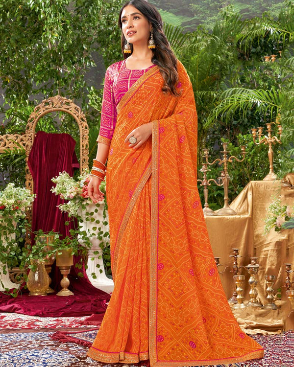 Vishal Prints Orange Bandhani Print Georgette Saree With Fancy Border